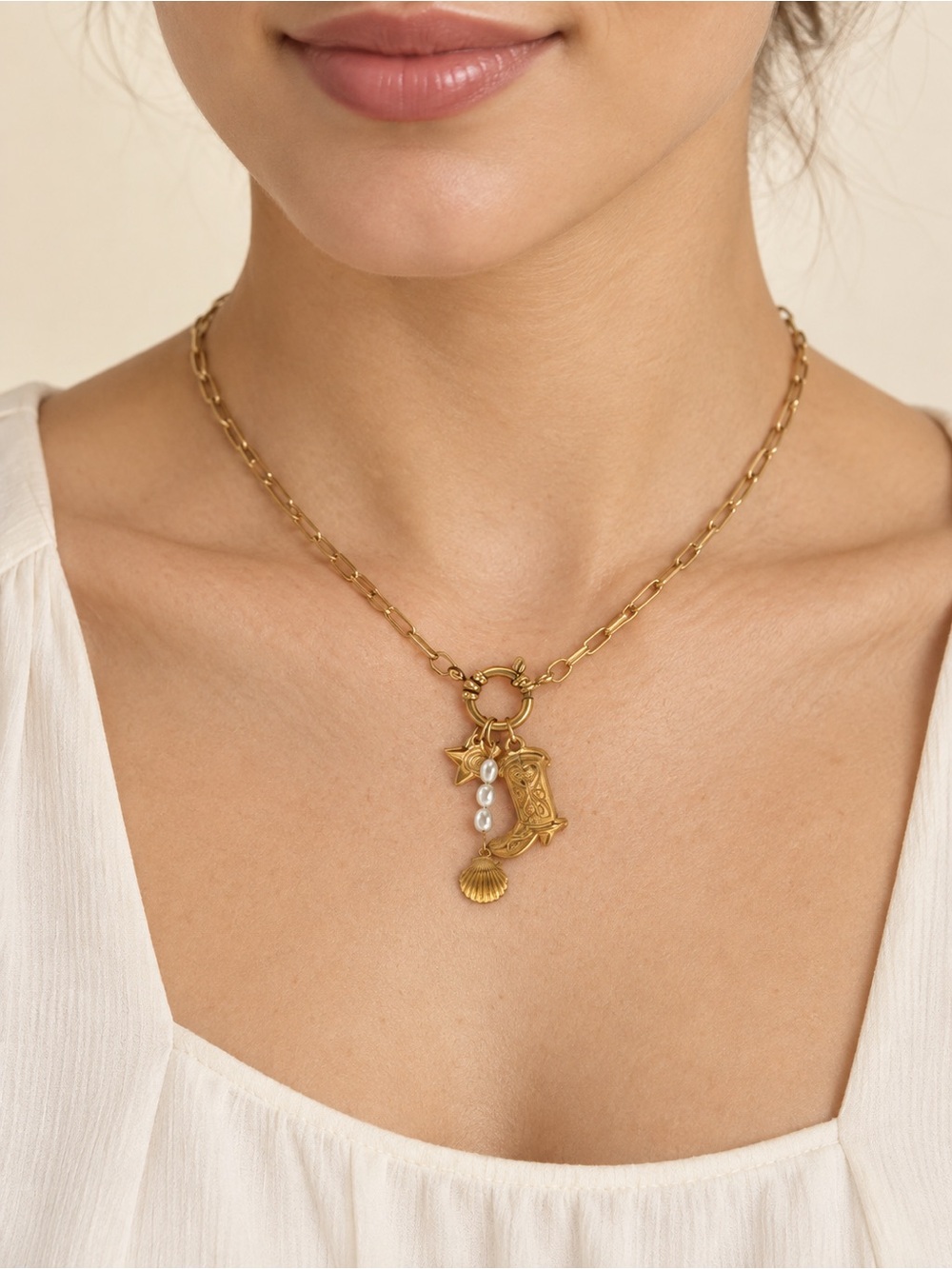 Gold Charm Necklace with Pearls steel 316L